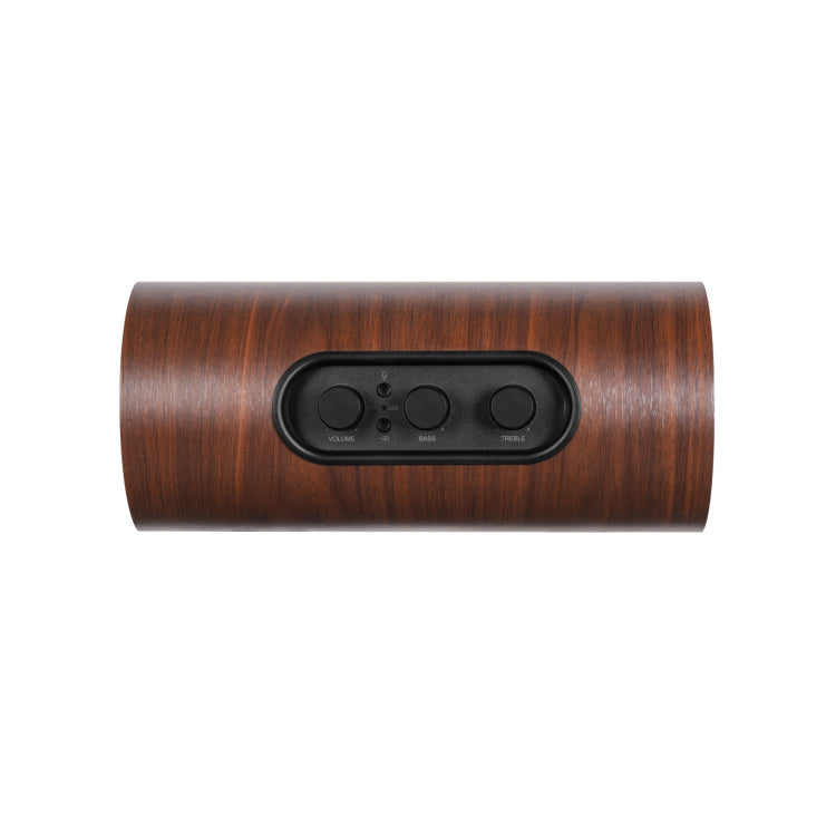 The MySound Jazz Speaker Side-Table by Home Office Space NZ is a cylindrical wooden speaker with a control panel featuring volume, bass, and treble controls and a toggle switch. Its dark wood finish offers elegance and wireless device charging while doubling as a jazz speaker table.
