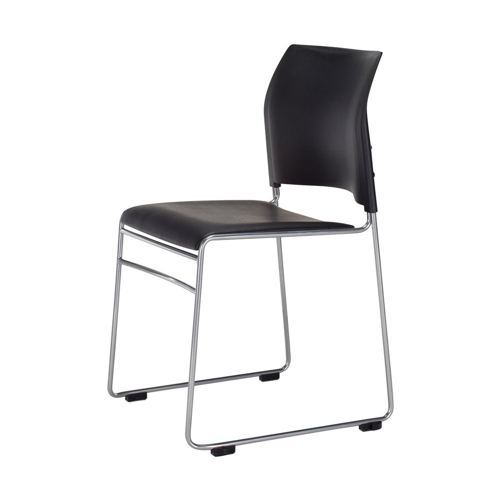 The Maxim Chair - Sled Based from Home Office Space NZ is a modern chair with a sleek design. Made from black plastic, it features a slightly curved backrest and seat for comfortable seating, supported by slim, chrome-plated metal legs that form a continuous sled base. Its stackable design ensures convenience while maintaining a minimalist aesthetic, complete with protective caps on the leg ends.