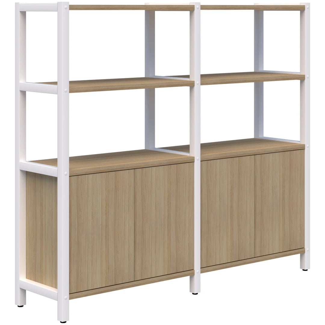 Introducing the Grid 40 Open Wall Storage Display by Home Office Space NZ, a modern bookshelf combining wooden elegance with a durable aluminum frame. Available in 4, 5, or 6 tiers, this versatile unit features customizable storage solutions. Each section includes two open shelves on top and a cabinet with doors at the bottom. The wood's light, natural finish makes it an ideal addition to any workspace.