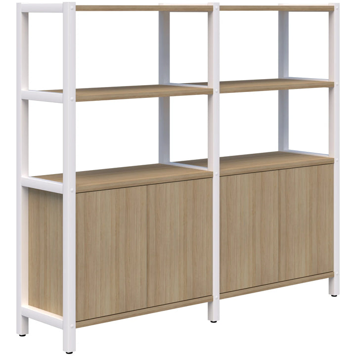 Introducing the Grid 40 Open Wall Storage Display by Home Office Space NZ, a modern bookshelf combining wooden elegance with a durable aluminum frame. Available in 4, 5, or 6 tiers, this versatile unit features customizable storage solutions. Each section includes two open shelves on top and a cabinet with doors at the bottom. The wood's light, natural finish makes it an ideal addition to any workspace.