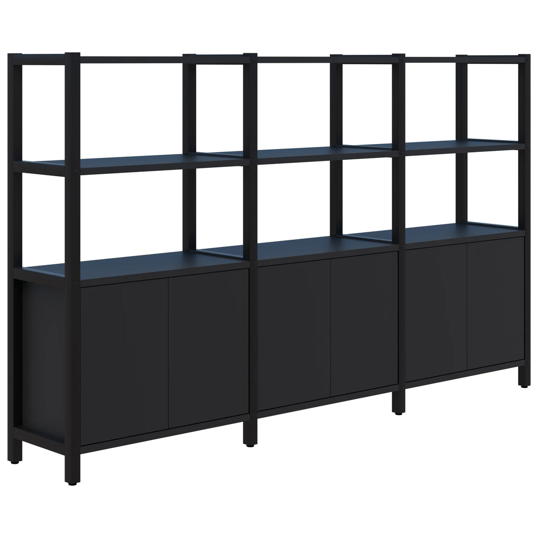 The Grid 40 Open Wall Storage Display by Home Office Space NZ is a black, modern, three-section shelving unit with a minimalist design. This unit features open shelves at the top and customizable storage compartments with sleek, handleless doors at the bottom. Supported by sturdy vertical and horizontal beams, it offers an excellent workspace solution.