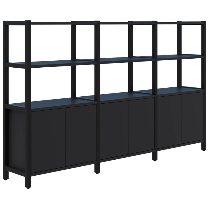 The Grid 40 Open Wall Storage Display by Home Office Space NZ is a black, modern, three-section shelving unit with a minimalist design. This unit features open shelves at the top and customizable storage compartments with sleek, handleless doors at the bottom. Supported by sturdy vertical and horizontal beams, it offers an excellent workspace solution.