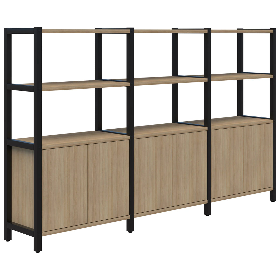 Introducing the Grid 40 Open Wall Storage Display by Home Office Space NZ, a modern shelving unit featuring a clean design with a durable black metal frame and light wood shelves. This versatile unit offers customizable storage solutions with three open shelves on top and three closed cabinets at the bottom, providing ample space to meet all your workspace needs. Available in 4, 5, or 6 tiers for added flexibility.