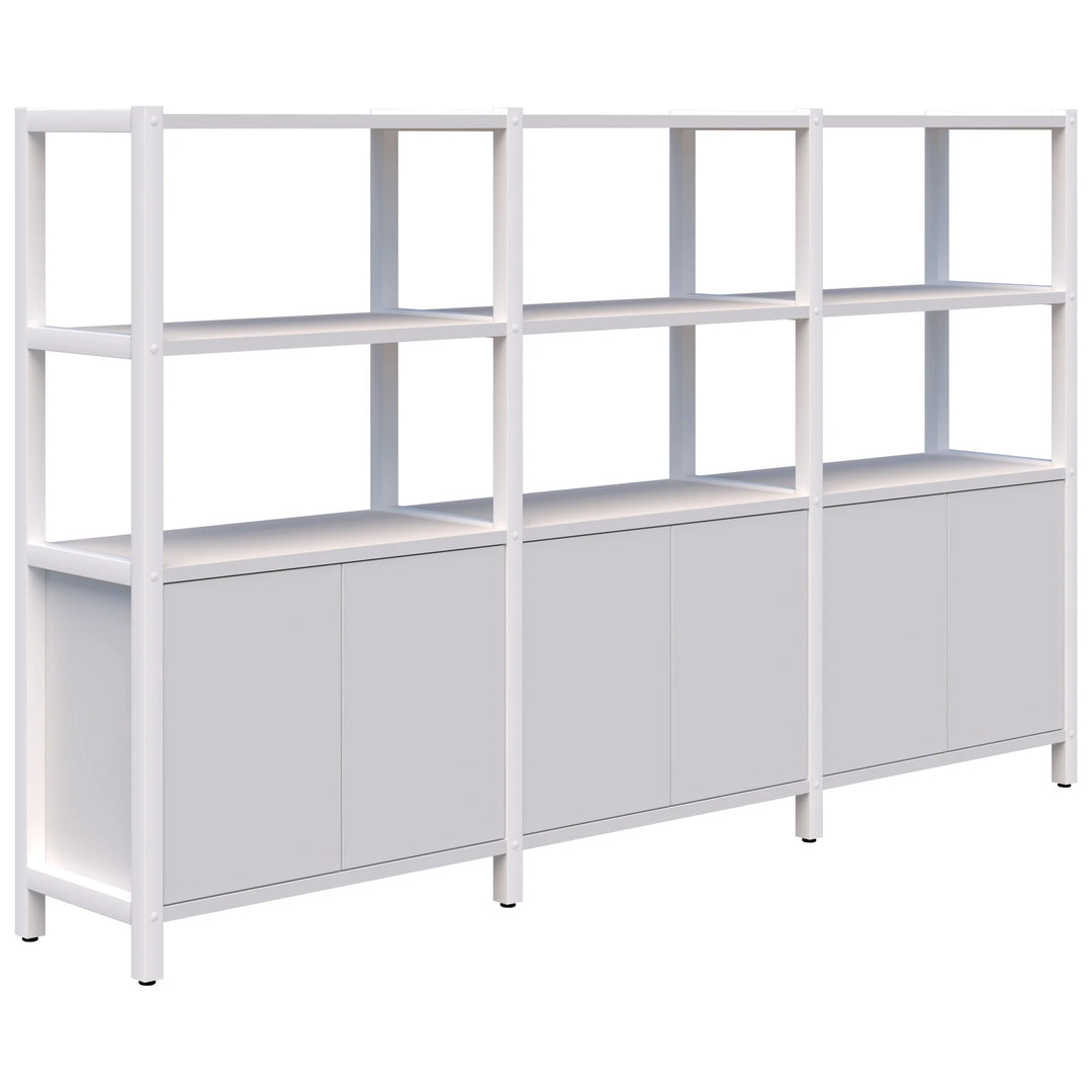 The Grid 40 Open Wall Storage Display by Home Office Space NZ is available in four, five, or six tiers. This versatile shelving unit features a modern white finish with a durable aluminum frame. Each tier includes a tall upper shelf and a shorter lower shelf, complemented by sleek, flat-door closed cabinets below the shelves. Standing on short legs, this minimalist design provides an ideal workspace solution.