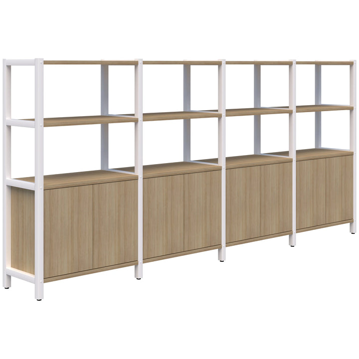 Introducing the Grid 40 Open Wall Storage Display by Home Office Space NZ, available in 4, 5, or 6 tiers. This versatile shelving unit features a modern minimalist design with a durable aluminum frame and wooden sections. Each section boasts three open shelves at the top and a closed cabinet with wooden doors at the bottom, providing customizable storage solutions perfect for an ideal workspace.