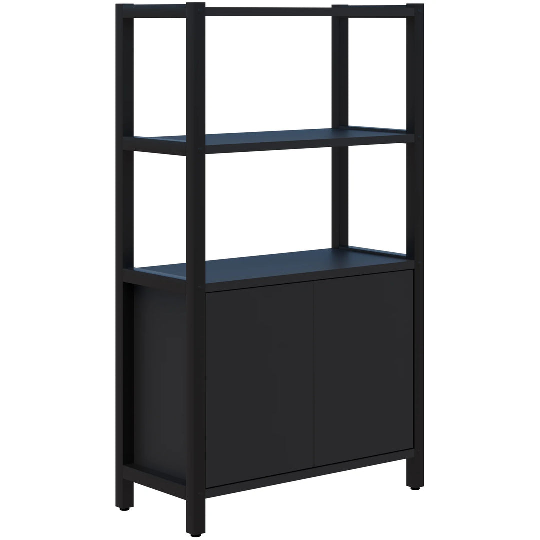 The Grid 40 Open Wall Storage Display by Home Office Space NZ is a versatile shelving unit available in four, five, or six tiers. This black storage solution showcases a simple, modern design with open shelves on top and a double-door cabinet at the bottom. It stands on four legs with a durable aluminum frame, offering a minimalist appearance perfect for any workspace.