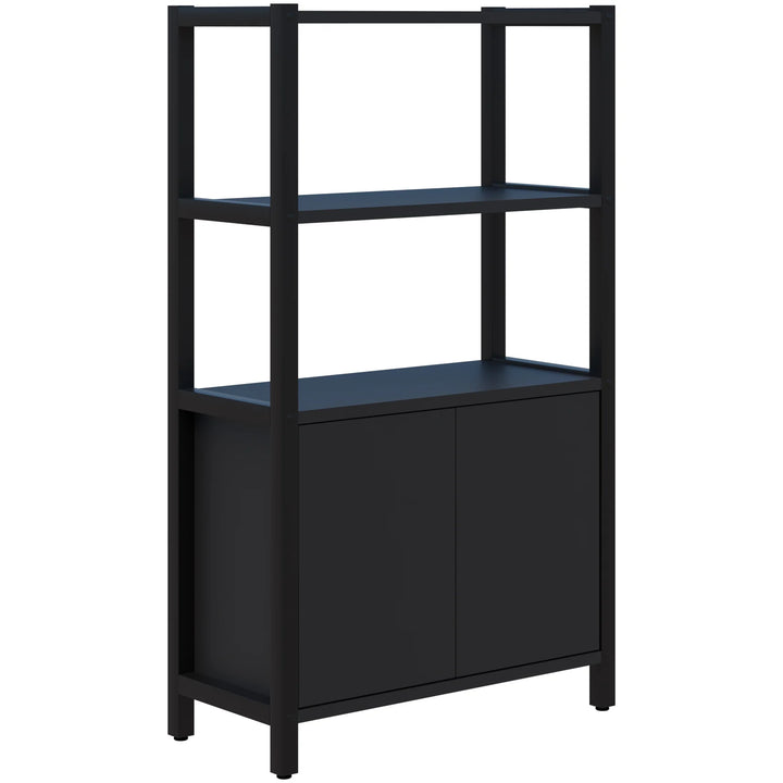 The Grid 40 Open Wall Storage Display by Home Office Space NZ is a versatile shelving unit available in four, five, or six tiers. This black storage solution showcases a simple, modern design with open shelves on top and a double-door cabinet at the bottom. It stands on four legs with a durable aluminum frame, offering a minimalist appearance perfect for any workspace.