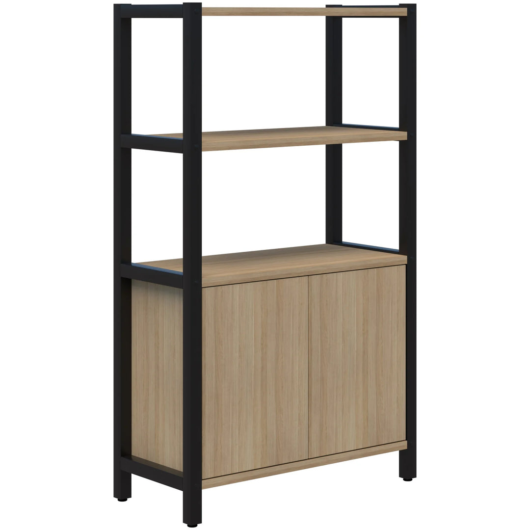 The Grid 40 Open Wall Storage Display by Home Office Space NZ is a modern bookshelf featuring a durable aluminum frame with two open wooden shelves on top and a two-door wooden cabinet at the bottom. The design combines industrial and contemporary styles, offering customizable storage that serves as an ideal workspace solution. Available in 4, 5, or 6 tiers.