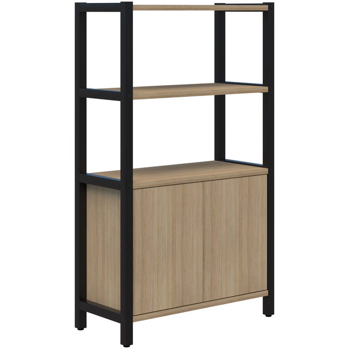 The Grid 40 Open Wall Storage Display by Home Office Space NZ is a modern bookshelf featuring a durable aluminum frame with two open wooden shelves on top and a two-door wooden cabinet at the bottom. The design combines industrial and contemporary styles, offering customizable storage that serves as an ideal workspace solution. Available in 4, 5, or 6 tiers.