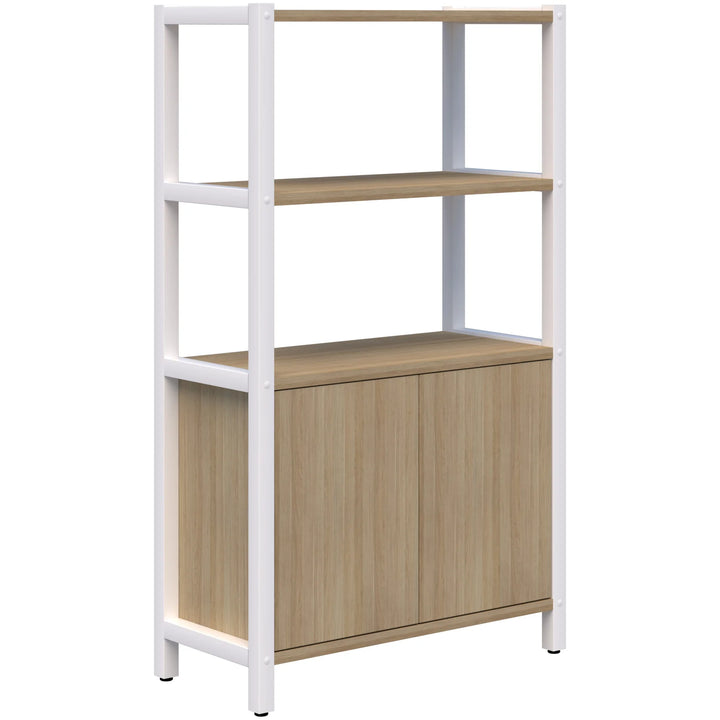 The Home Office Space NZ Grid 40 Open Wall Storage Display (available in 4, 5, or 6 tiers) is a modern, minimalist bookshelf with a durable aluminum frame. It features two open wooden shelves and a closed cabinet with wooden doors at the bottom. This customizable storage unit boasts a clean, contemporary design that complements various interior styles and provides an excellent workspace solution.