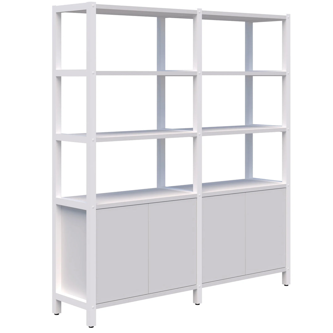 The Grid 40 Open Wall Storage Display by Home Office Space NZ is a sleek and modern shelving unit in white. It features two vertical columns, each with three open shelves on top and a double-doored closed cabinet at the bottom. The unit, standing on four small legs, boasts a durable aluminum frame and provides a customizable storage solution perfect for any minimalist workspace.