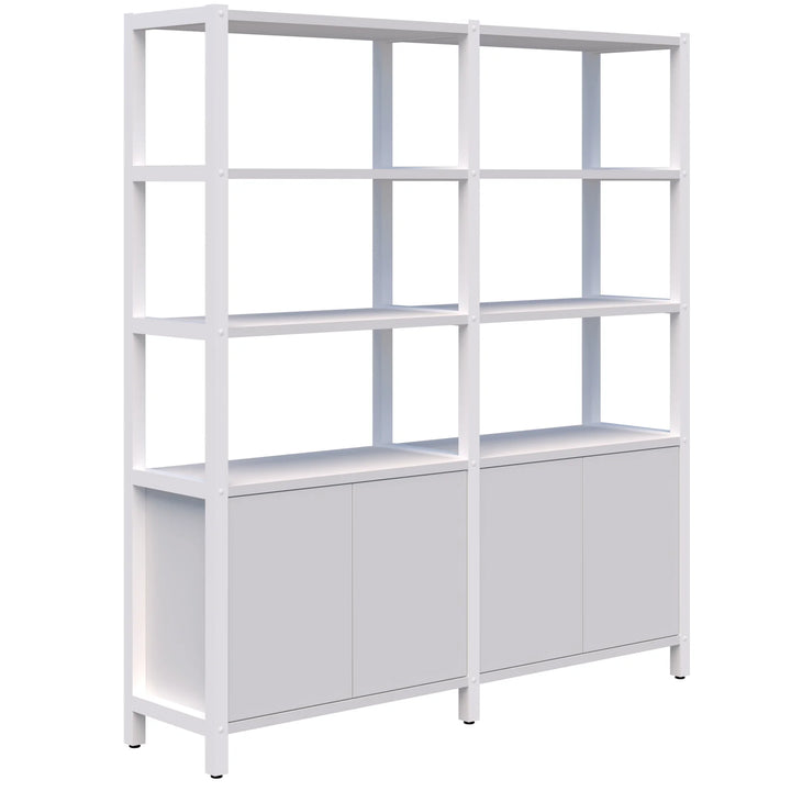 The Grid 40 Open Wall Storage Display by Home Office Space NZ is a sleek and modern shelving unit in white. It features two vertical columns, each with three open shelves on top and a double-doored closed cabinet at the bottom. The unit, standing on four small legs, boasts a durable aluminum frame and provides a customizable storage solution perfect for any minimalist workspace.