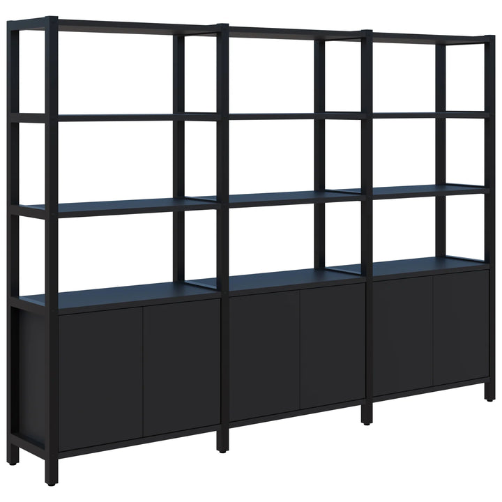 Introducing the Grid 40 Open Wall Storage Display by Home Office Space NZ—this large, black shelving unit features four tiers of open shelves on the top and two rows of closed cabinets on the bottom. Its durable aluminum frame and minimalist design with clean lines offer customizable storage options, making it an ideal modern workspace solution.