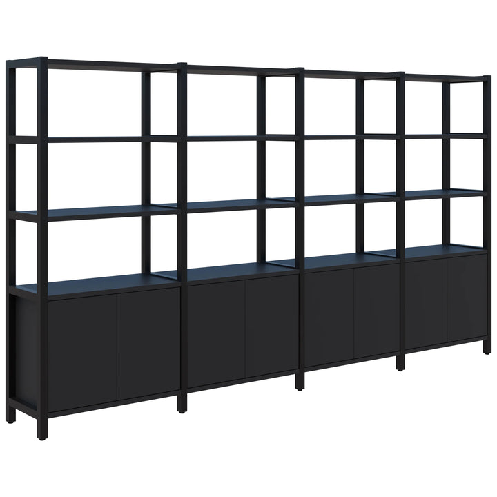 Introducing the Grid 40 Open Wall Storage Display (4, 5, or 6 tier) by Home Office Space NZ. This black, multi-section shelving unit features six open shelves at the top and closed cabinets at the bottom, arranged in a grid-like structure. Perfect for organizing books and decorations or storing items behind the cabinet doors, this customizable storage solution is ideal for any space.