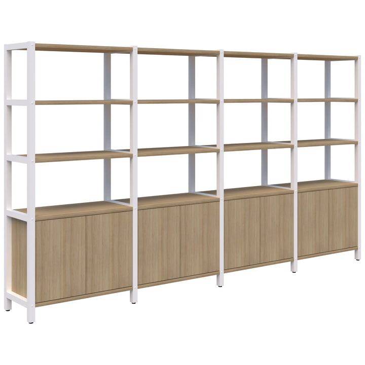 The Grid 40 Open Wall Storage Display (4, 5, or 6 tier) by Home Office Space NZ is a large modular shelving unit with a metal frame and wooden shelves, perfect as an eco-friendly workspace solution. It features three sections, each with three open shelves above a lower wooden cabinet with two doors. The frame is white, and the cabinets and shelves have a light wood finish.