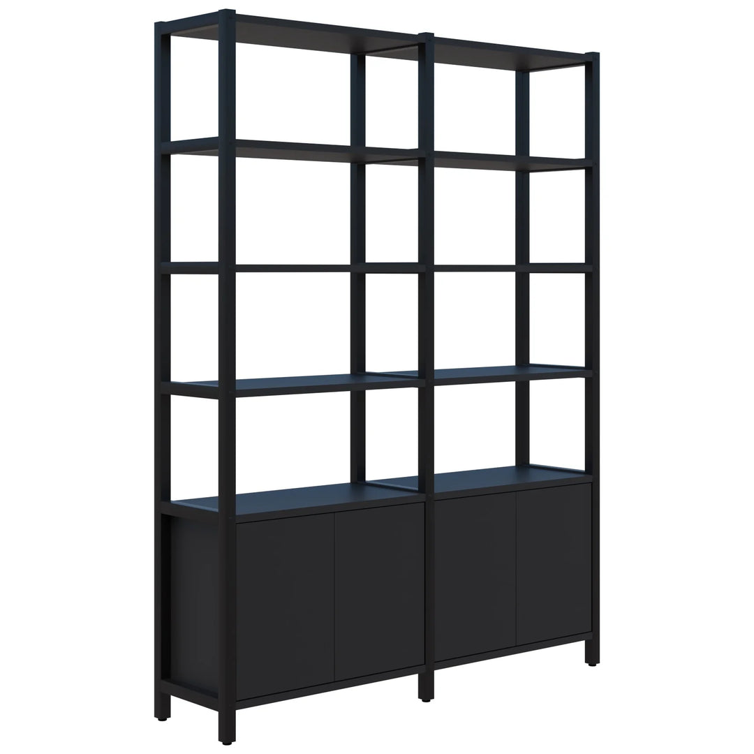 The Grid 40 Open Wall Storage Display by Home Office Space NZ is a sleek, black double bookshelf featuring six horizontal shelves and a bottom cabinet section with solid doors that have no visible handles. Its modern, minimalist design offers customizable storage, making it a versatile solution for any workspace.