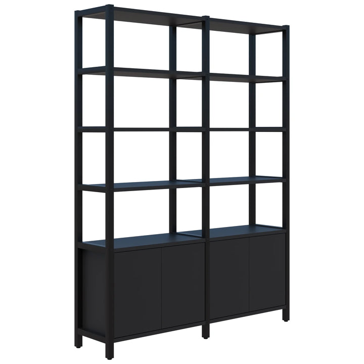The Grid 40 Open Wall Storage Display by Home Office Space NZ is a sleek, black double bookshelf featuring six horizontal shelves and a bottom cabinet section with solid doors that have no visible handles. Its modern, minimalist design offers customizable storage, making it a versatile solution for any workspace.