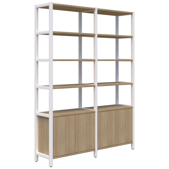 The Grid 40 Open Wall Storage Display by Home Office Space NZ features a minimalist design combining wood and white metal. This versatile bookcase includes six open shelves and two closed cabinets at the bottom, with a structure of two connected units that offer customizable storage for books and decor items, making it an excellent workspace solution.