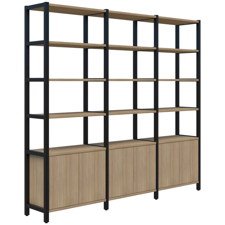 The Grid 40 Open Wall Storage Display by Home Office Space NZ is a modern, customizable shelving unit available in four, five, or six tiers. It features a black metal frame with wooden shelves and cabinets. The unit offers ample workspace solutions with five open shelves on each side and a closed cabinet at the bottom of each section, providing both storage and display space.