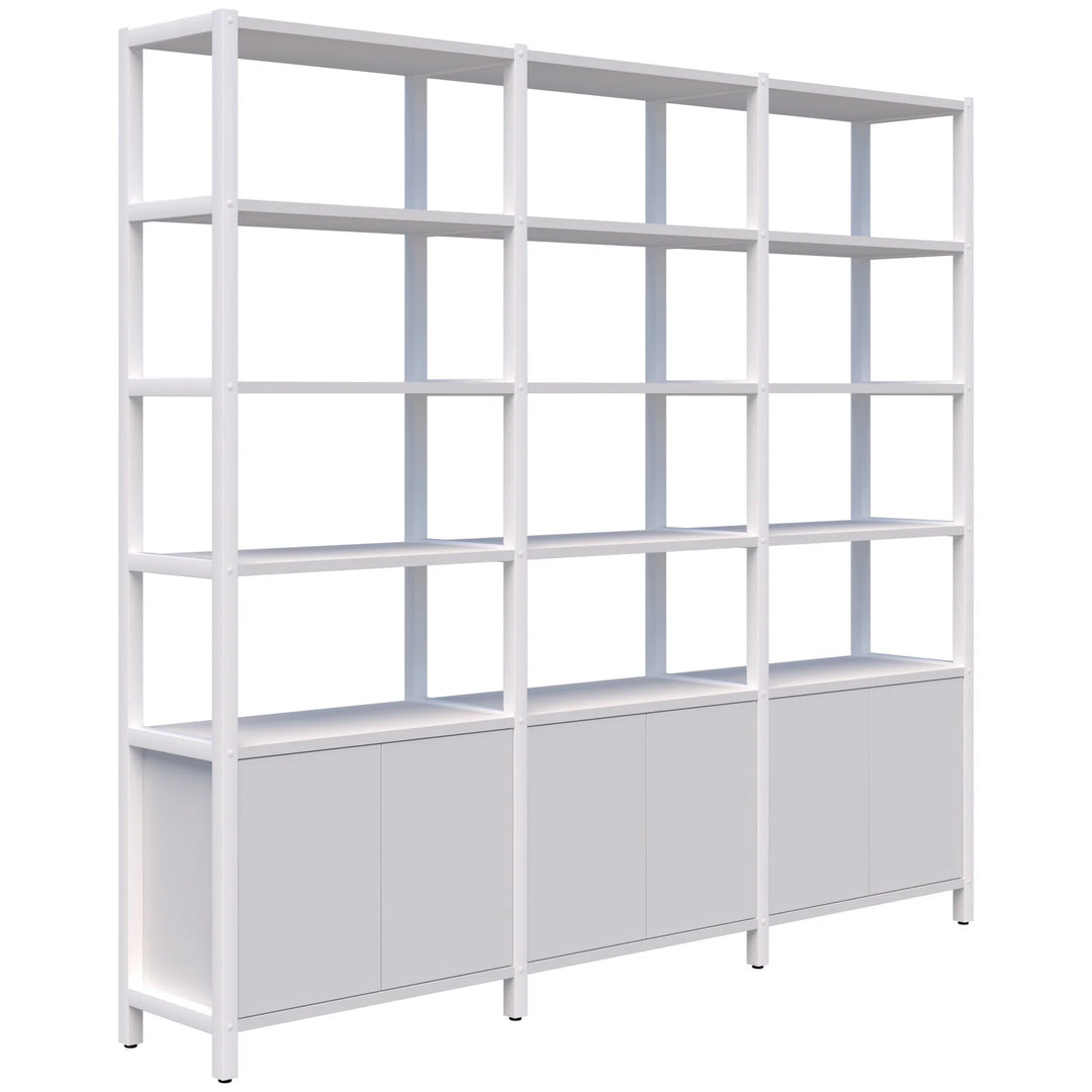 The Grid 40 Open Wall Storage Display from Home Office Space NZ is a large, white, modular shelving unit with three vertical columns and multiple shelves. The lower part of the unit features closed cabinets with smooth, flat doors. This customizable storage solution is minimalist and modern, making it perfect for home or office use. Available in 4, 5, or 6 tiers for maximum adaptability to your space needs.