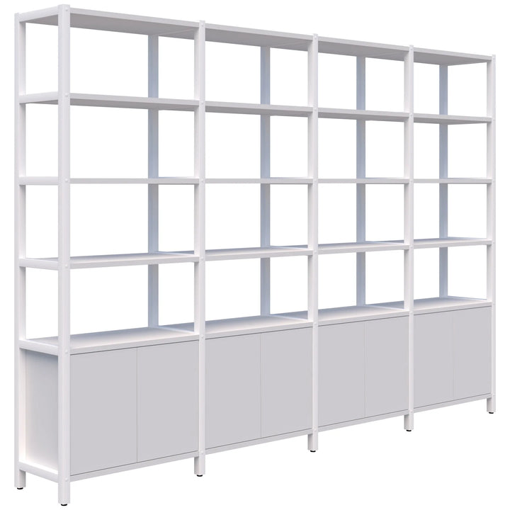 The Grid 40 Open Wall Storage Display by Home Office Space NZ is a large, white shelving unit featuring three sections. Each section includes multiple open shelves on the upper part and closed cupboards on the lower part. Its minimalist, eco-friendly design boasts clean lines and a functional layout, perfect for storage or display. Available in 4, 5, or 6 tiers.