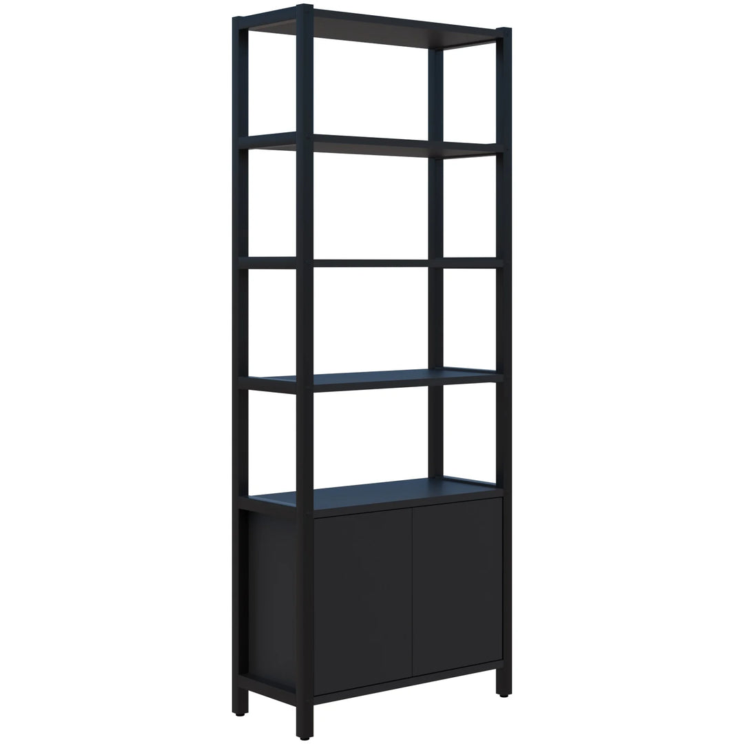 The Grid 40 Open Wall Storage Display by Home Office Space NZ offers an excellent workspace solution with its tall, black design featuring five open shelves and a two-door cabinet at the bottom. The evenly spaced shelves and plain cabinet doors create a modern, minimalist aesthetic, while the unit stands on four legs to provide customizable storage that fits any need.