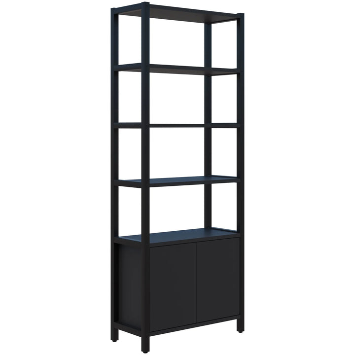 The Grid 40 Open Wall Storage Display by Home Office Space NZ offers an excellent workspace solution with its tall, black design featuring five open shelves and a two-door cabinet at the bottom. The evenly spaced shelves and plain cabinet doors create a modern, minimalist aesthetic, while the unit stands on four legs to provide customizable storage that fits any need.