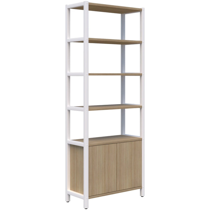 Introducing the Grid 40 Open Wall Storage Display by Home Office Space NZ – a sleek and functional modern shelving unit designed for versatile room settings. This minimalist piece boasts a white metal frame with light wood shelves and features four open tiers above, coupled with a two-door wooden cabinet below for customizable storage. Available in options of 4, 5, or 6 tiers to perfectly meet your needs.