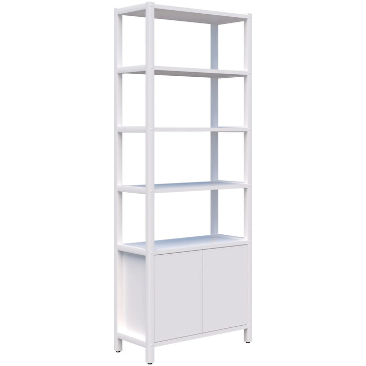 The Grid 40 Open Wall Storage Display by Home Office Space NZ is a tall, white shelving unit featuring five open shelves and a two-door cabinet at the bottom. With its minimalist frame, clean lines, and modern design, it provides an eco-friendly shelving solution that seamlessly blends style and sustainability.