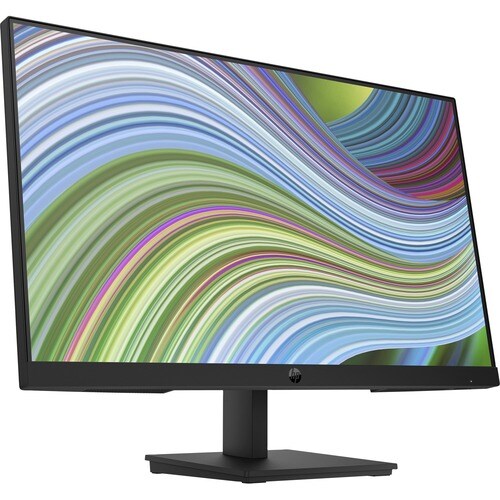 The HP P24 23.8 Inch Full HD LCD Monitor from Home Office Space NZ displays a colorful abstract wave pattern on its widescreen FHD display. This IPS monitor features a sleek, thin bezel design with a black stand and a rectangular base, along with a smooth 75Hz refresh rate for fluid visuals.