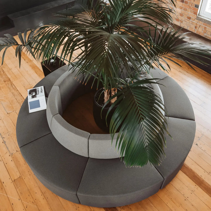 A circular gray sofa from the Home Office Space NZ Konfurb Arco Series, part of a modular seating system, is set on a polished wooden floor with a large potted palm plant in the center. A book is placed on one section of the sofa. The space has an exceptional design that evokes modern coziness with natural light filtering in.