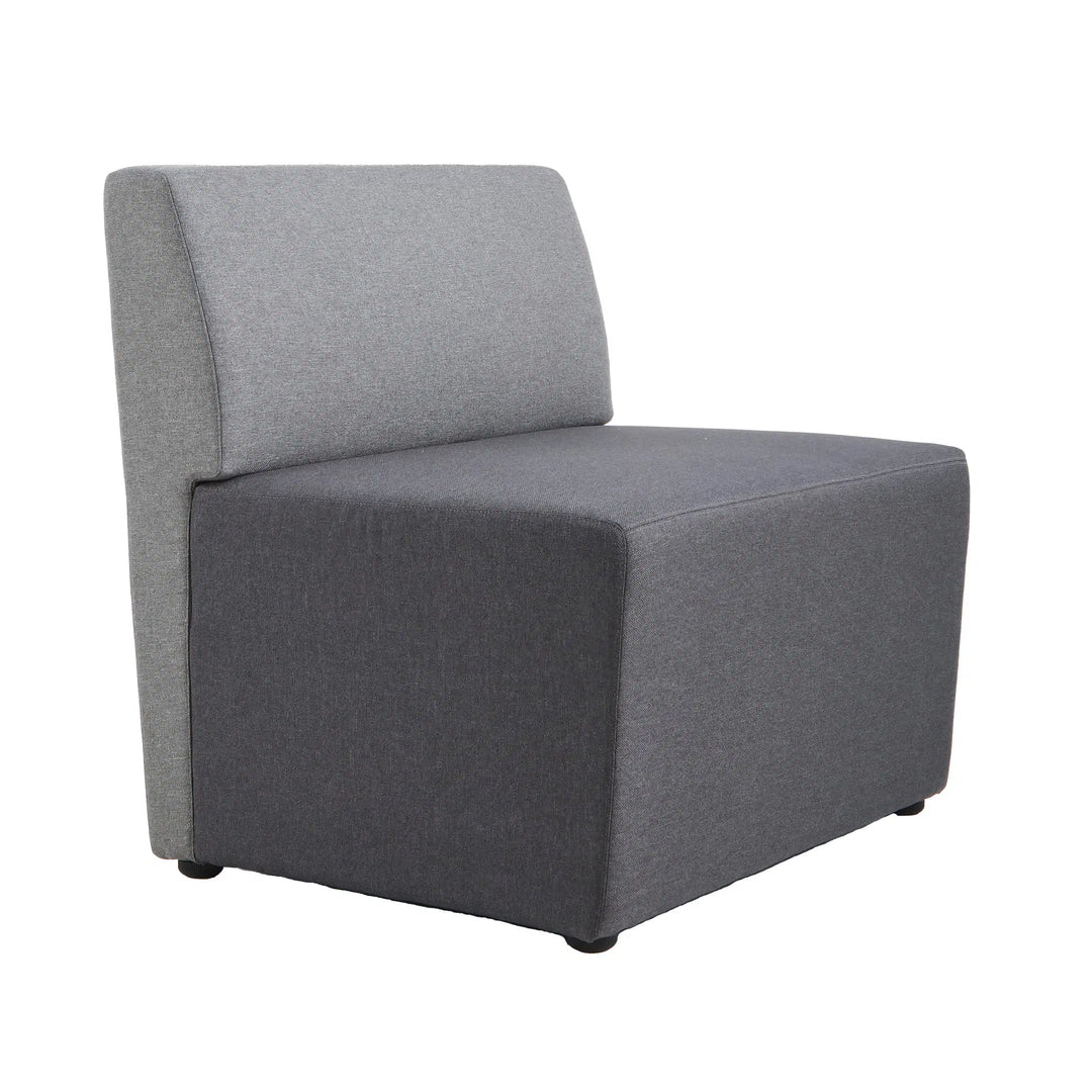 Introducing the Konfurb Arco Series by Home Office Space NZ - a modern, armless chair with an exceptional design and minimalist aesthetic. The light grey backrest pairs perfectly with the darker grey seat cushion, featuring a simple, blocky shape that rests on tiny black feet. The smooth fabric upholstery completes this chic piece, ideal for evolving work environments.