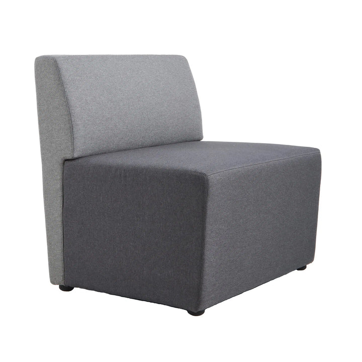 Introducing the Konfurb Arco Series by Home Office Space NZ - a modern, armless chair with an exceptional design and minimalist aesthetic. The light grey backrest pairs perfectly with the darker grey seat cushion, featuring a simple, blocky shape that rests on tiny black feet. The smooth fabric upholstery completes this chic piece, ideal for evolving work environments.