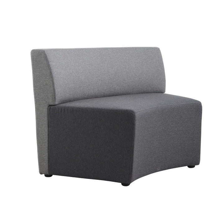 The Konfurb Arco Series by Home Office Space NZ is a modern, armless chair with a minimalist design, ideal for dynamic workspaces. This modular seating system boasts a stylish two-tone gray fabric: lighter gray on the backrest and seat, and darker gray on the base and sides. It features a gently curved silhouette and stands on small, round black legs.