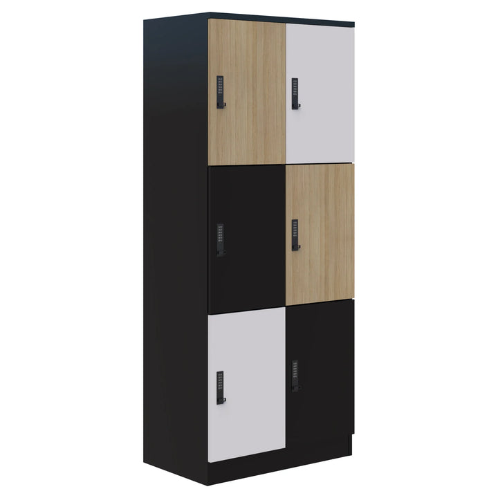 The Mascot Lockers by Home Office Space NZ are tall, black customizable units with six compartments. Doors alternate in light wood, white, and black, each with a numeric keypad lock and vertical handle for security.