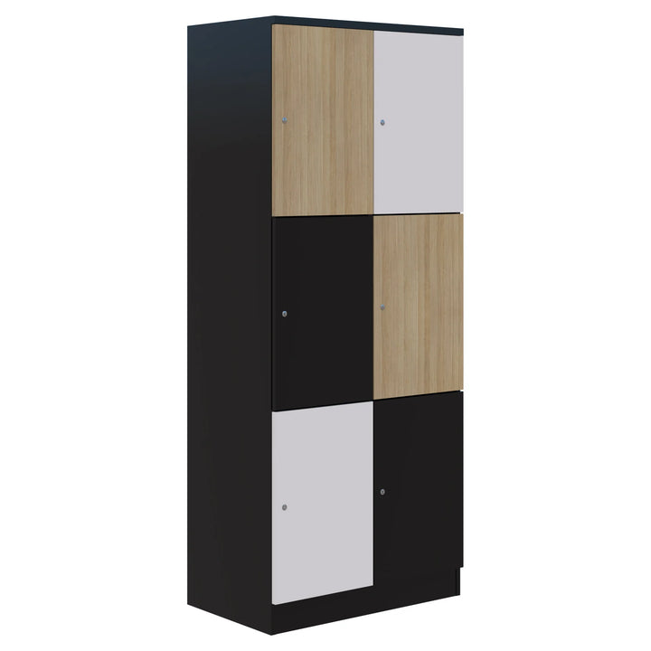 The Mascot Lockers by Home Office Space NZ feature a tall, modern cabinet with six lockable compartments in alternating light wood, white, and black doors, set within a geometric black frame.