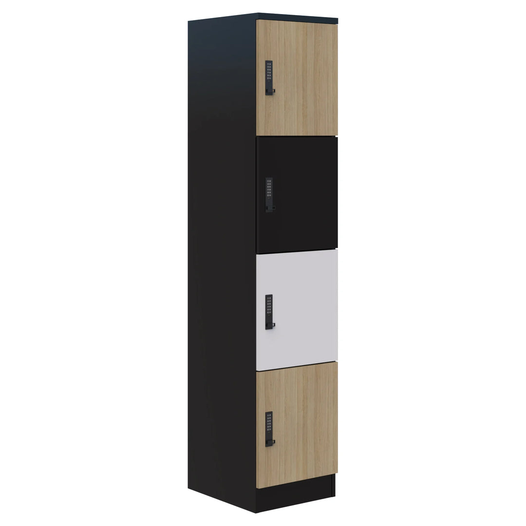 The Mascot Lockers by Home Office Space NZ are tall, narrow customizable storage units featuring four vertically arranged doors—light wood (top & bottom), black (second), white (third)—each with a handle, digital lock, and black sides.