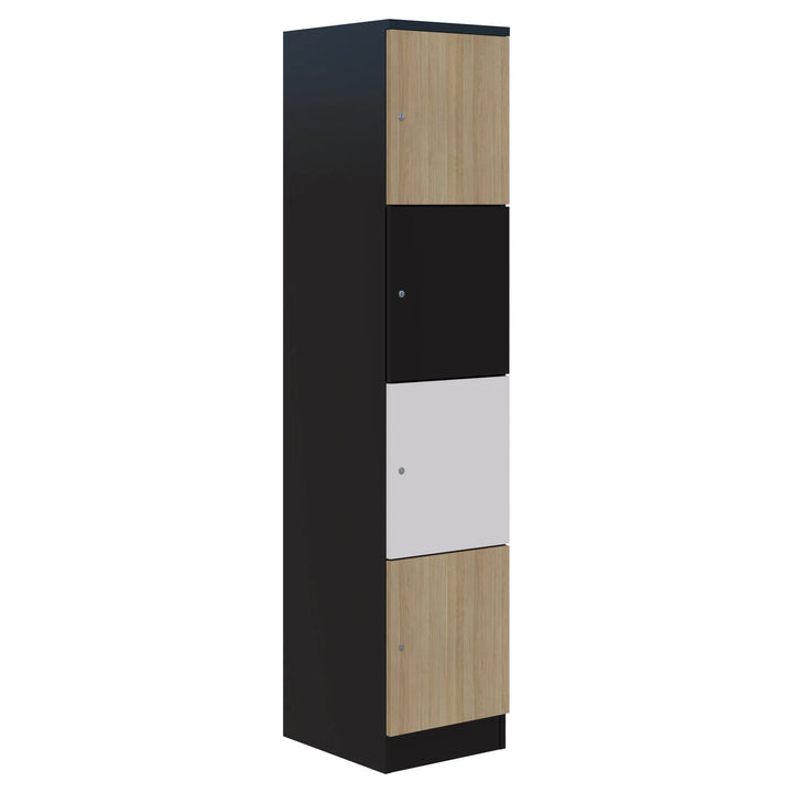 The Mascot Lockers from Home Office Space NZ feature a tall, narrow black frame with four vertically stacked doors—two wood-colored, one black, and one white—delivering secure storage in a modern, stylish design.