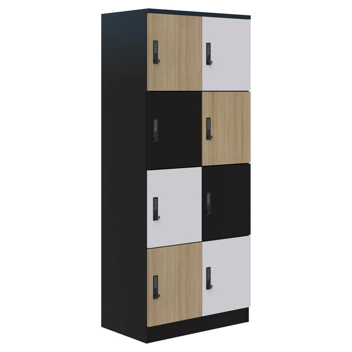 Mascot Lockers by Home Office Space NZ: tall, secure storage with nine keypad-locked compartments. Checkerboard doors in wood, white, and black finishes plus a sturdy black frame—perfect customizable lockers for modern spaces.