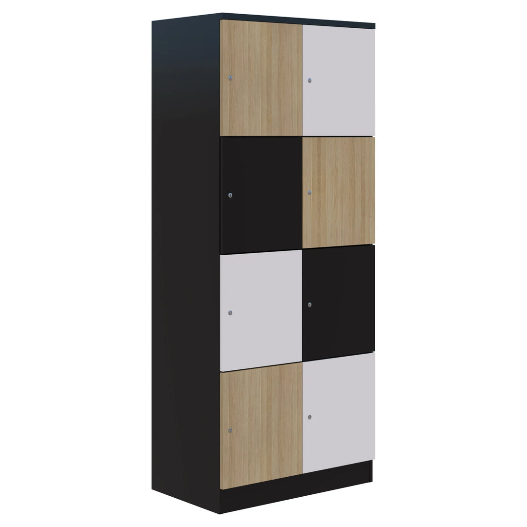 The Mascot Lockers by Home Office Space NZ is a tall, modern cabinet with three rows of customizable lockers, each door in alternating wood, white, and black finishes within a sleek dark frame for secure storage.