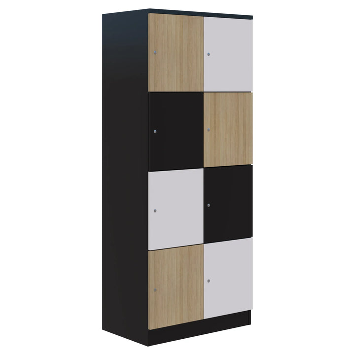 The Mascot Lockers by Home Office Space NZ is a tall, modern cabinet with three rows of customizable lockers, each door in alternating wood, white, and black finishes within a sleek dark frame for secure storage.