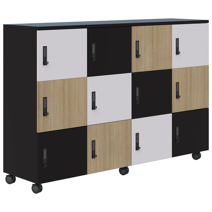 The Mascot Lockers from Home Office Space NZ is a mobile, three-row unit featuring twelve secure lockers in black, white, and wood finishes, each with a keypad lock and handle for customizable storage.