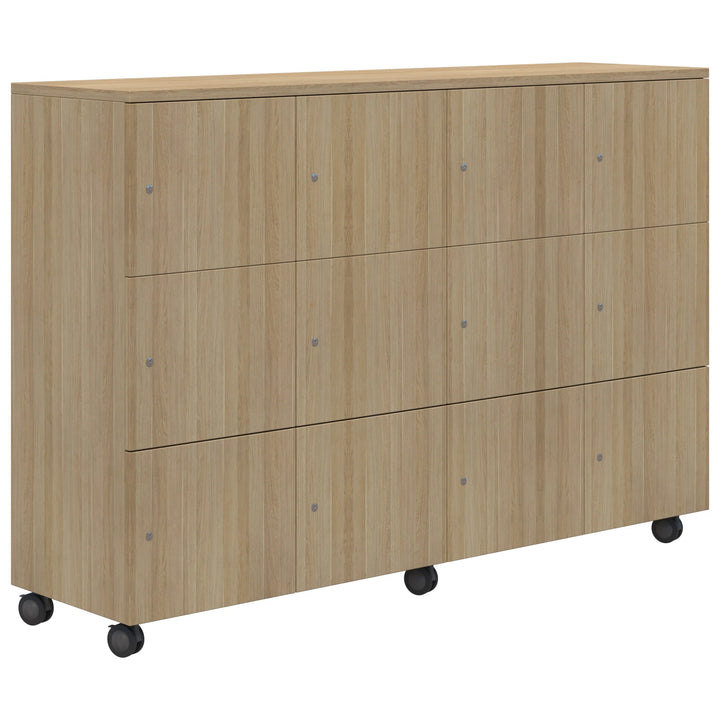 The Mascot Lockers by Home Office Space NZ feature a light wood grain finish, three rows of four doors, and six black caster wheels for easy mobility and secure storage. Customizable options available.