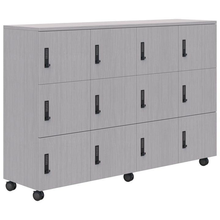 The Home Office Space NZ Mascot Lockers feature a light gray, wood-textured cabinet with three rows and four columns of customizable lockers, each secured by a black keypad lock and supported by six black caster wheels for full mobility.