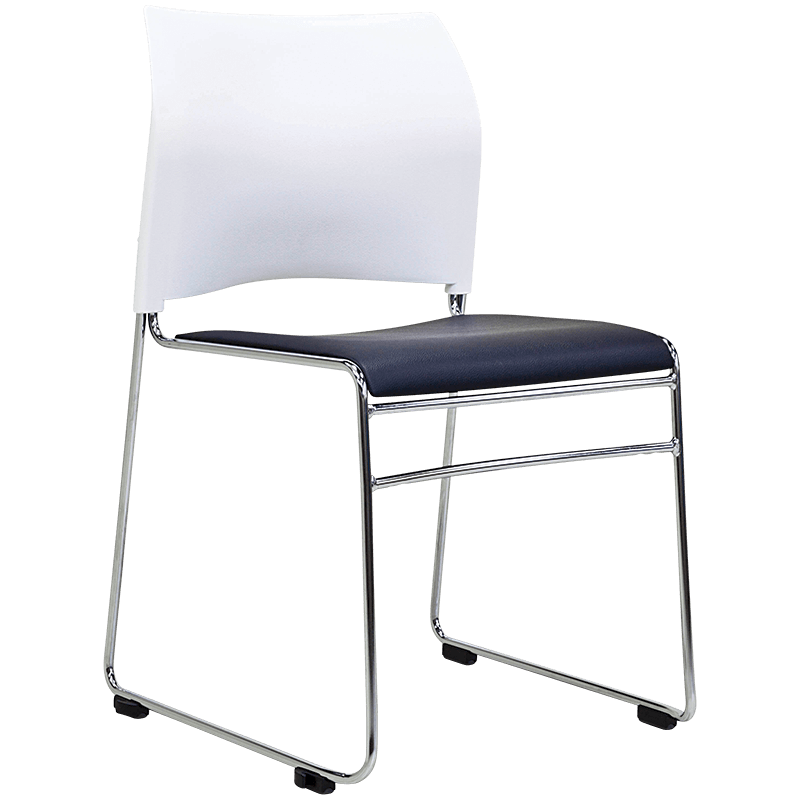 Introducing the Maxim Chair - Sled Based by Home Office Space NZ, a modern seating solution with a white plastic backrest, black padded seat, and sleek metal frame. Its stackable design and minimalist sled base offer both style and practical comfort for any contemporary space.