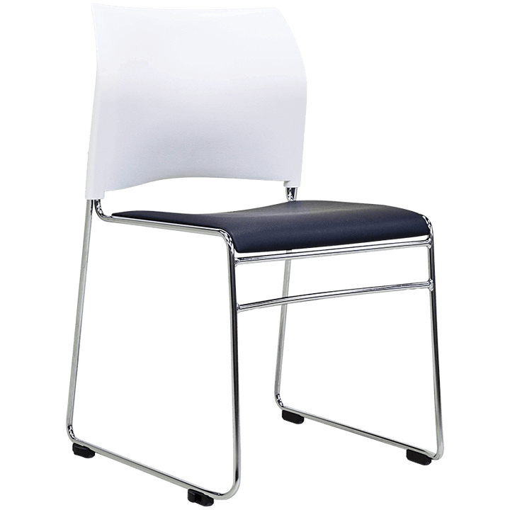 Introducing the Maxim Chair - Sled Based by Home Office Space NZ, a modern seating solution with a white plastic backrest, black padded seat, and sleek metal frame. Its stackable design and minimalist sled base offer both style and practical comfort for any contemporary space.