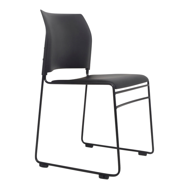 Introducing the Maxim Chair - Sled Based by Home Office Space NZ: a modern, minimalist chair featuring a black plastic seat and backrest. The sleek, black metal frame with sled-style legs ensures durability, while the contoured design offers comfortable seating. Plus, its stackable design adds practicality to style.