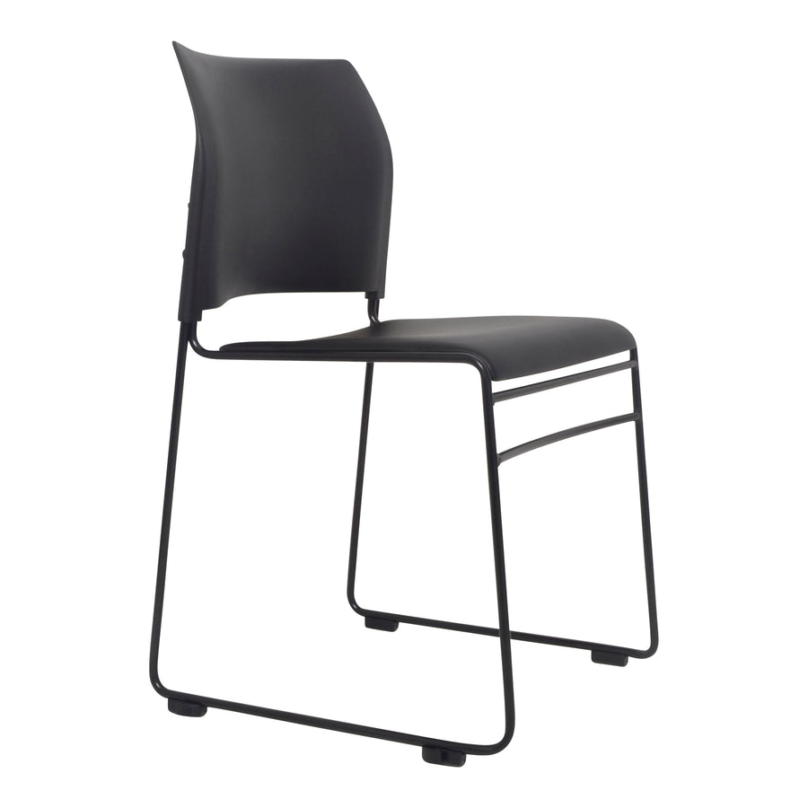 Introducing the Maxim Chair - Sled Based by Home Office Space NZ: a modern, minimalist chair featuring a black plastic seat and backrest. The sleek, black metal frame with sled-style legs ensures durability, while the contoured design offers comfortable seating. Plus, its stackable design adds practicality to style.