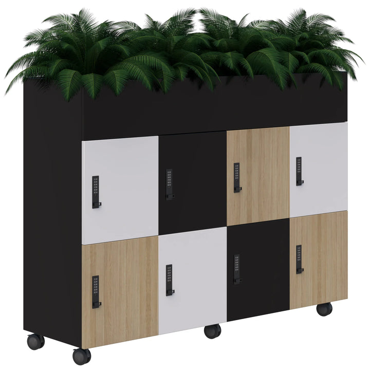 The Mascot Lockers by Home Office Space NZ offer customizable mobile storage with alternating black, white, and wood doors, secure digital locks, and a top row of green potted plants for stylish and secure organization.
