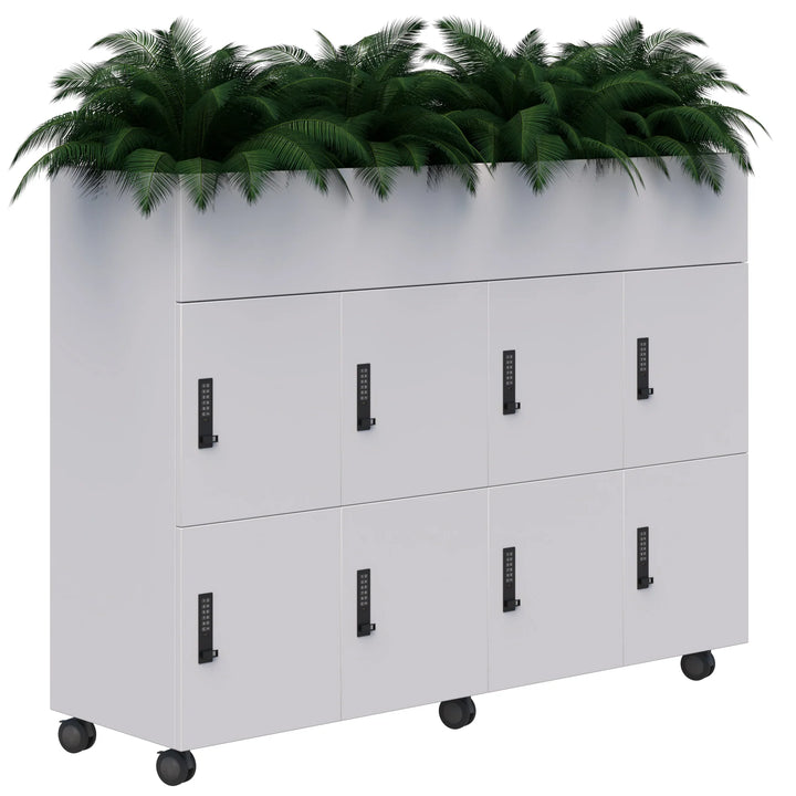 The Mascot Lockers by Home Office Space NZ feature a white mobile unit on wheels with eight lockable compartments and a row of green leafy plants adorning the top.